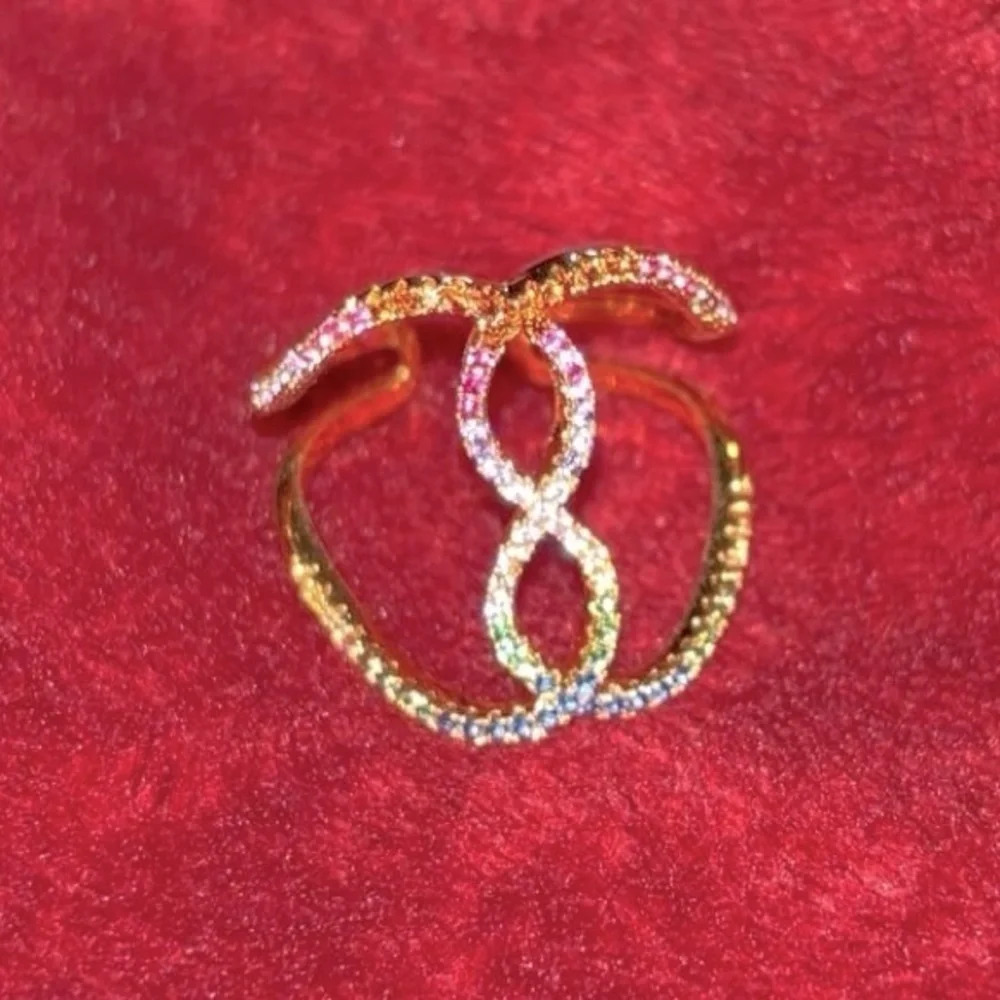 Fashion Luxe 18k Gold tone multi Rainbow crystal  cocktail ring Size 8 - Picture 4 of 13